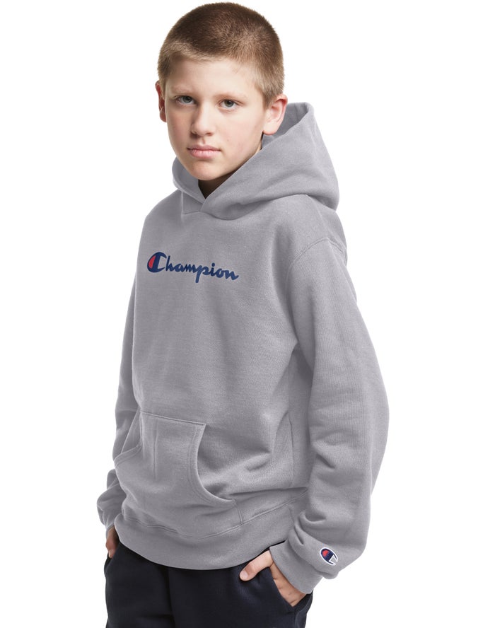 Champion Drenge Hættetrøje Grå - Pullover Script Logo - Danmark YTS-564108